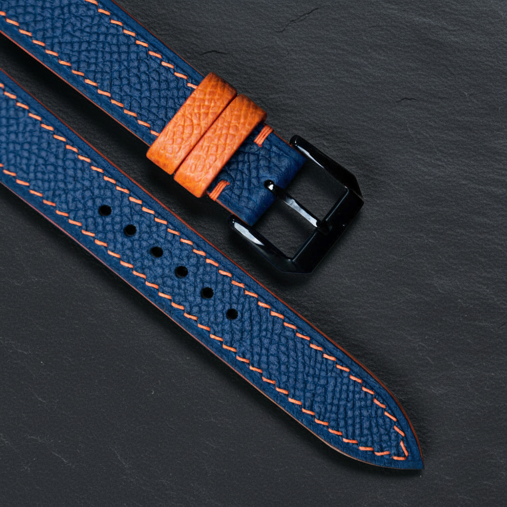 Navy Orange Epsom Leather Watch Strap - Handmade Quick Release Band