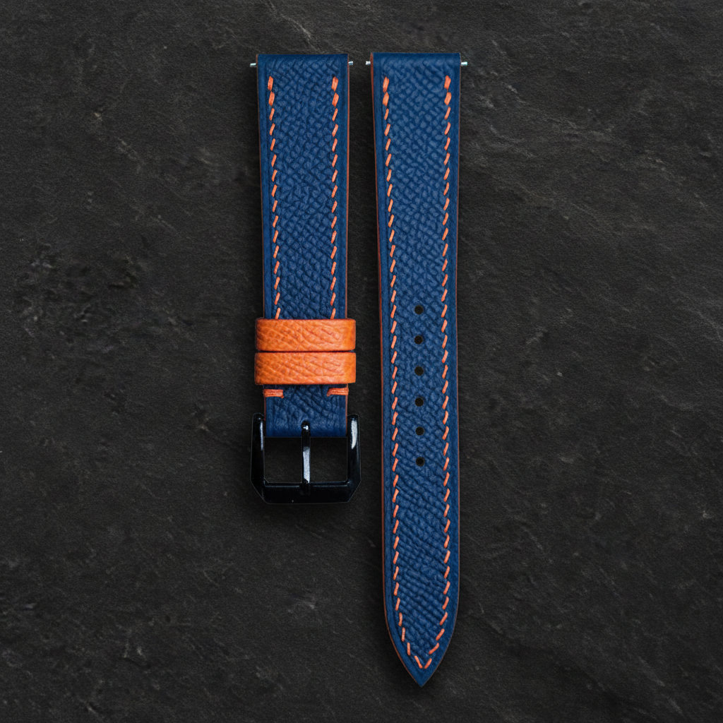 Navy Orange Epsom Leather Watch Strap - Handmade Quick Release Band