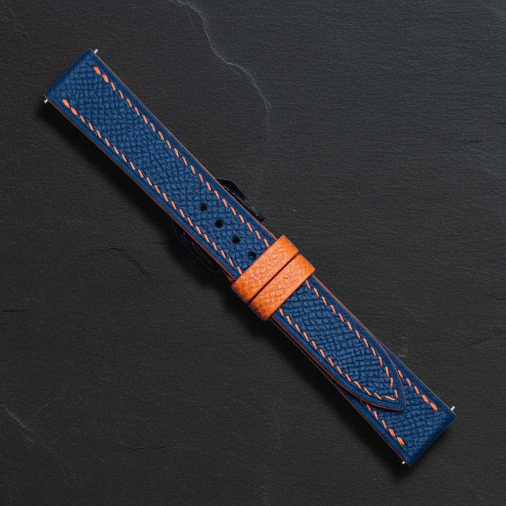 Navy Orange Epsom Leather Watch Strap - Handmade Quick Release Band