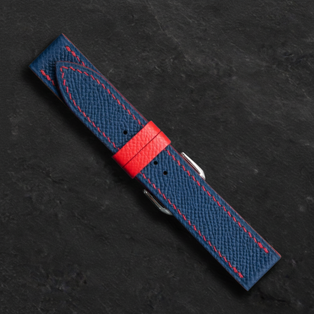 Navy Red Epsom Leather Watch Strap - Handmade Quick Release Band