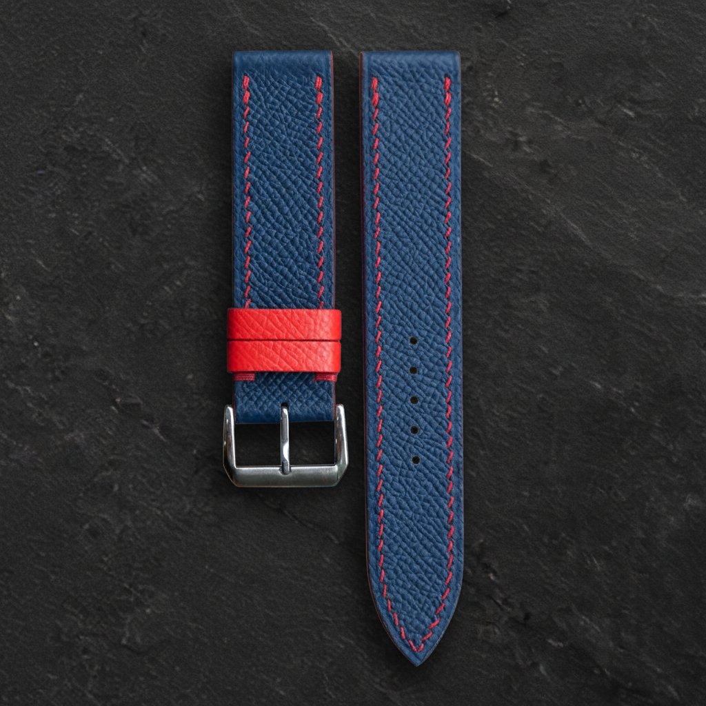 Navy Red Epsom Leather Watch Strap - Handmade Quick Release Band