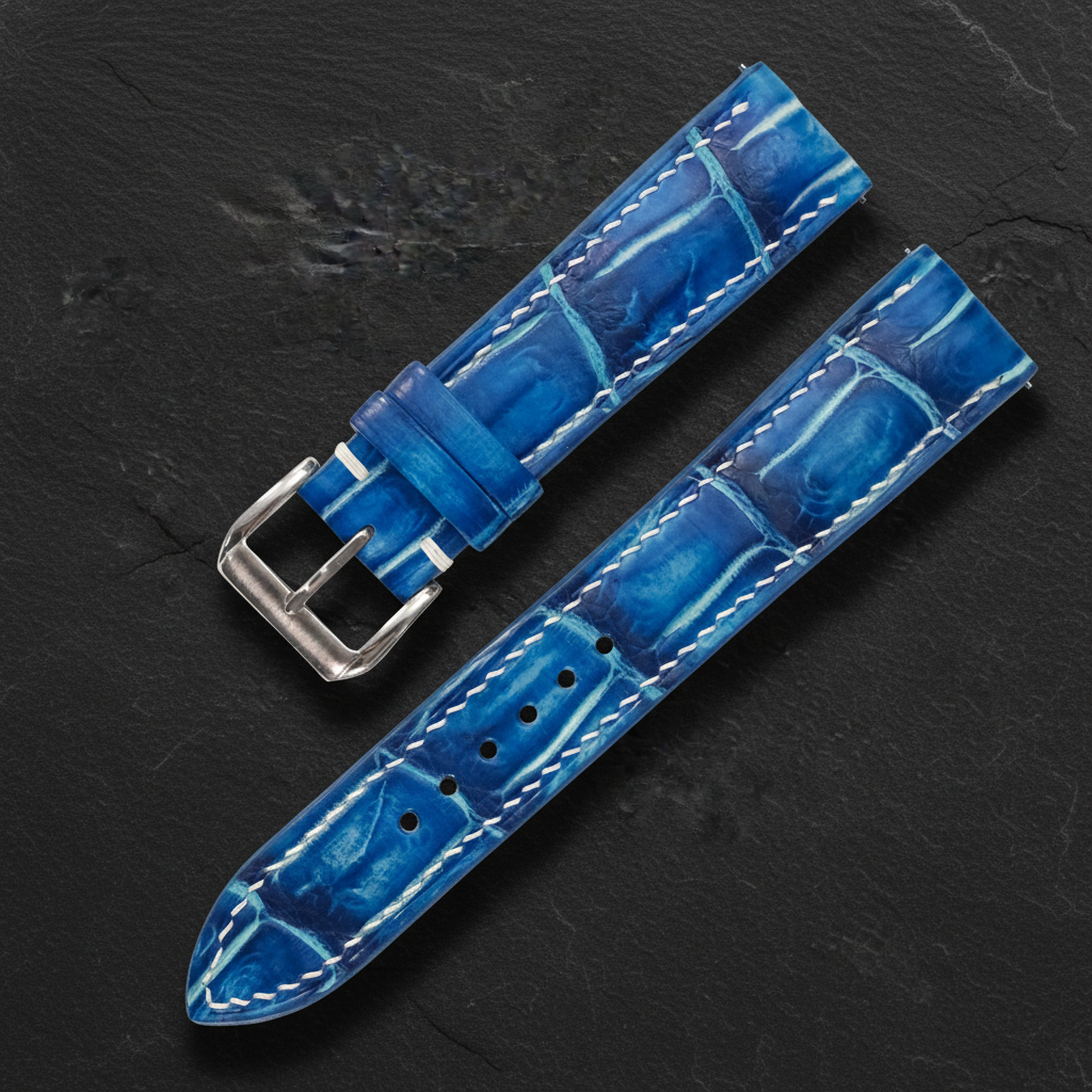 Ocean Blue Alligator Leather Watch Strap - Handmade Quick Release Band