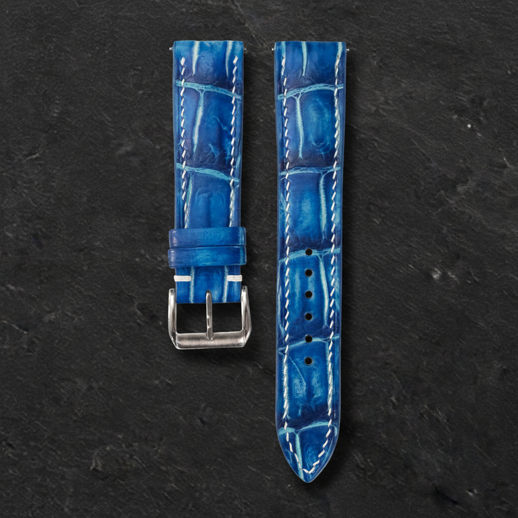 Ocean Blue Alligator Leather Watch Strap - Handmade Quick Release Band