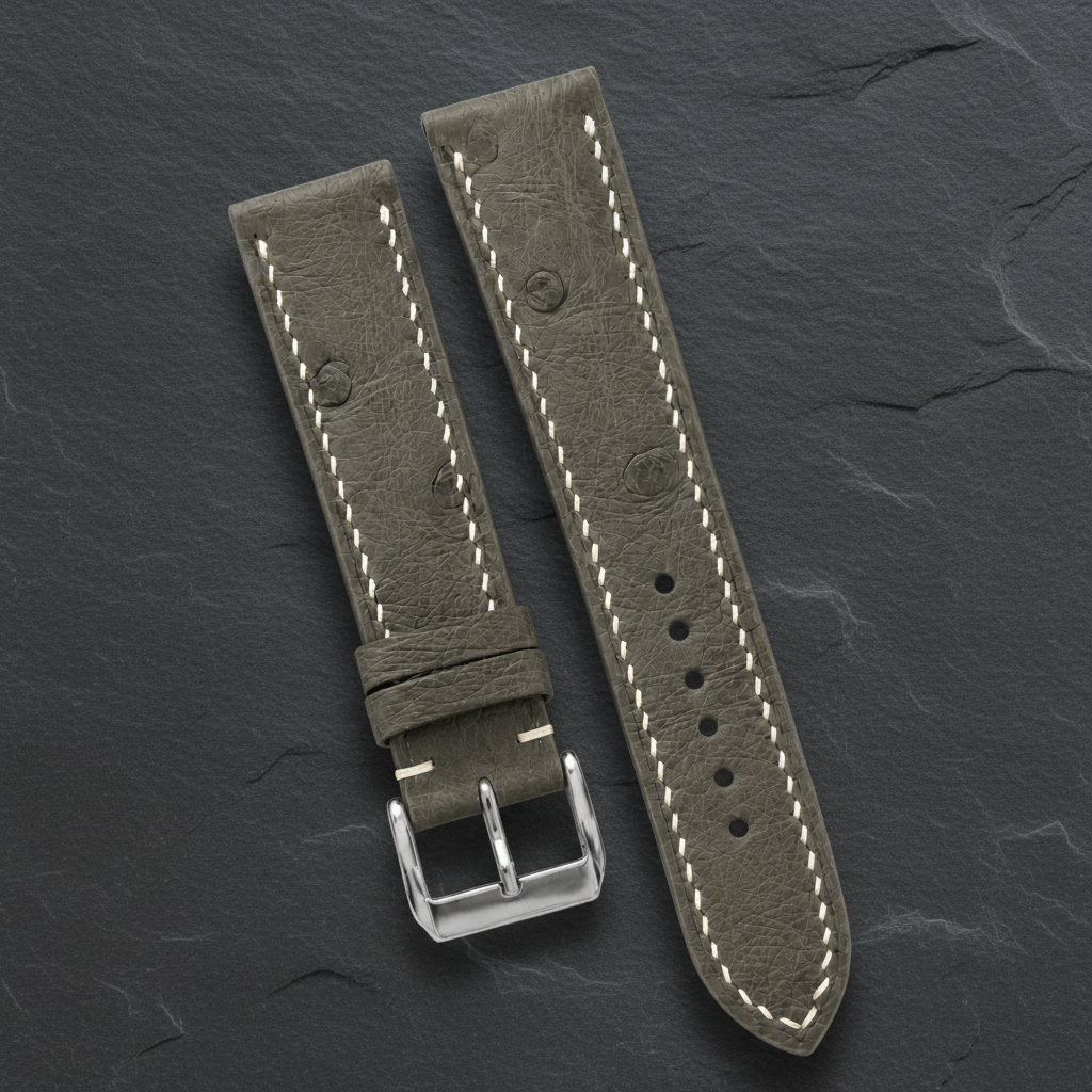 Olive Gray Ostrich Leather Watch Strap - Handmade