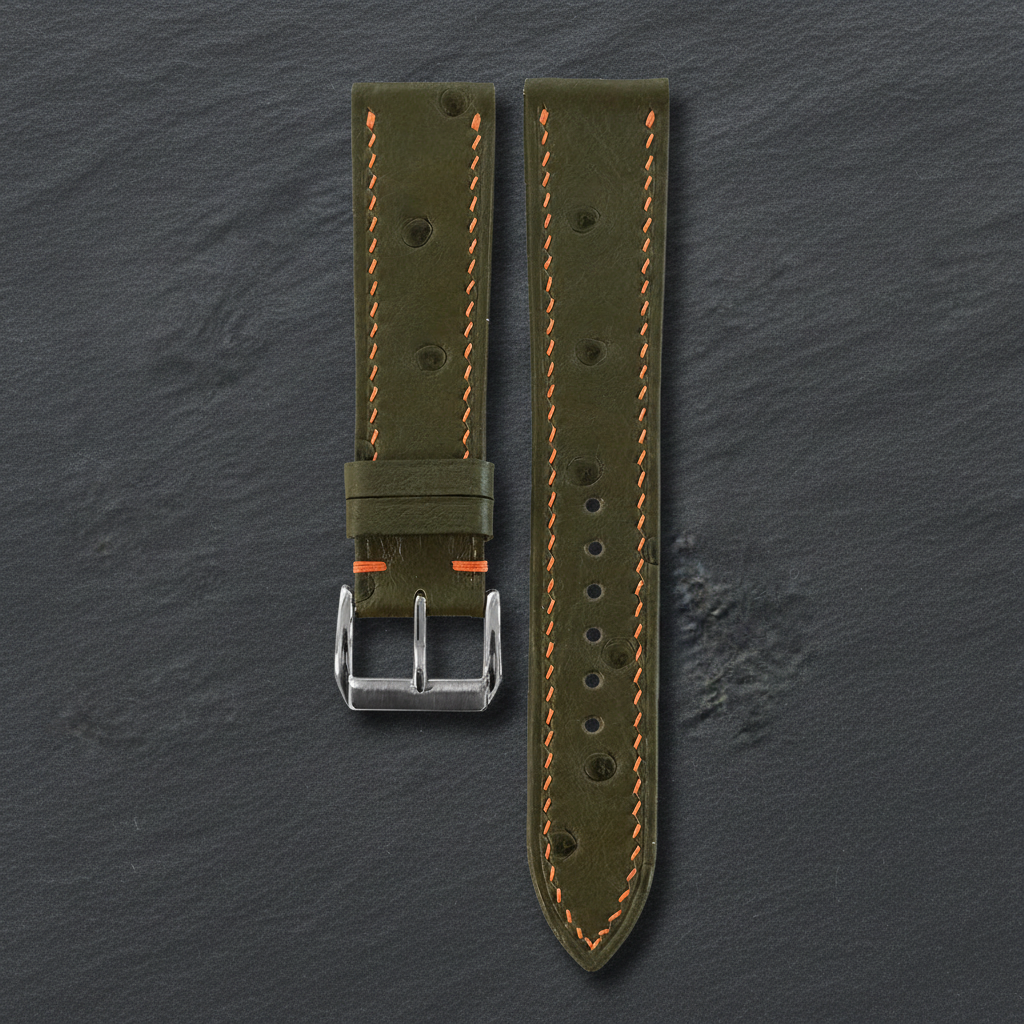 Olive Green Ostrich Leather Watch Strap - Handmade