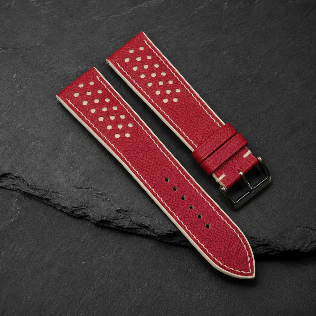 Red And Cream Small Racing Epsom Leather Watch Strap - Handmade
