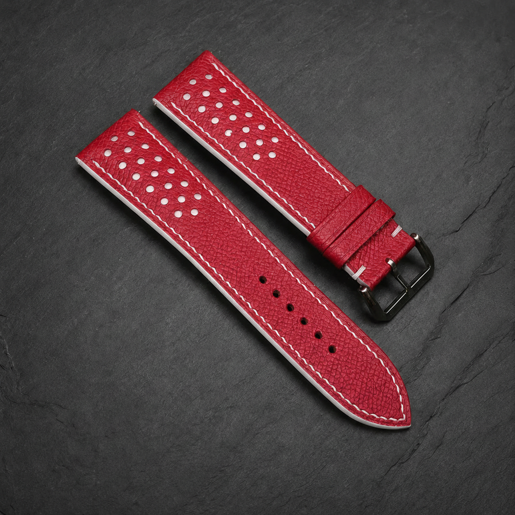Red And White Small Racing Epsom Leather Watch Strap - Handmade