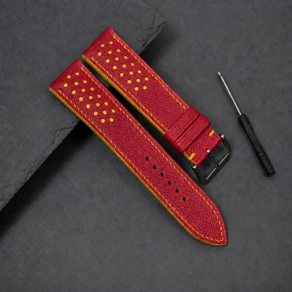 Red And Yellow Small Racing Epsom Leather Watch Strap - Handmade