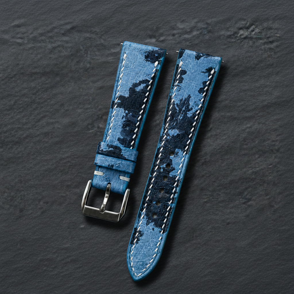 Sky Blue Navy Camo Ostrich Leather Watch Strap - Handmade