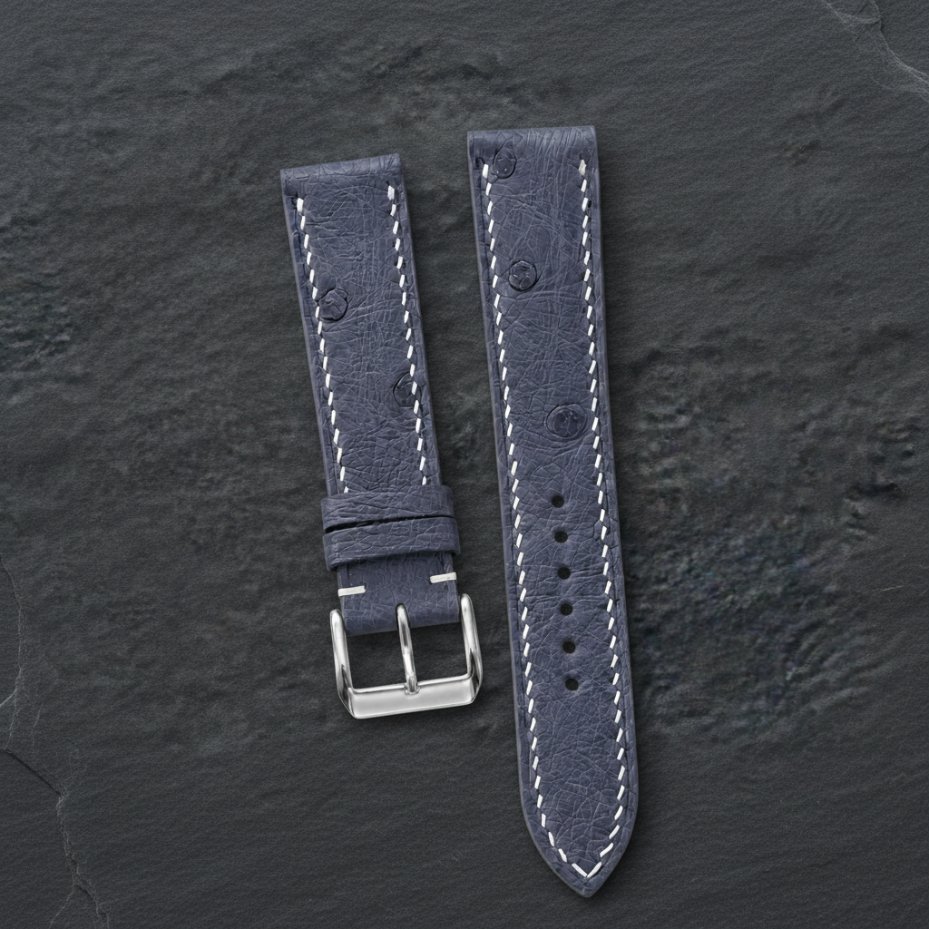 Slate Blue Ostrich Leather Watch Strap - Handmade