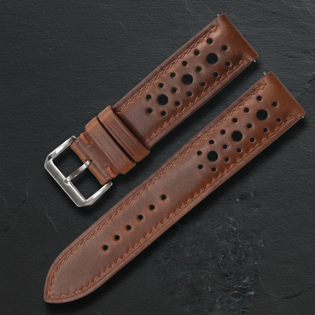 Tobacco Brown Racing Waxed Leather Watch Strap - Handmade Quick Release Band