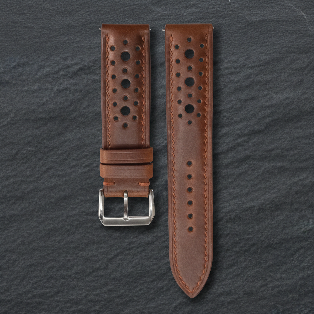 Tobacco Brown Racing Waxed Leather Watch Strap - Handmade