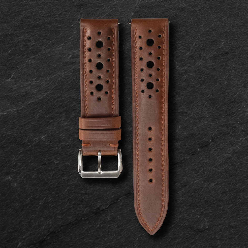 Tobacco Brown Racing Waxed Leather Watch Strap - Handmade Quick Release Band