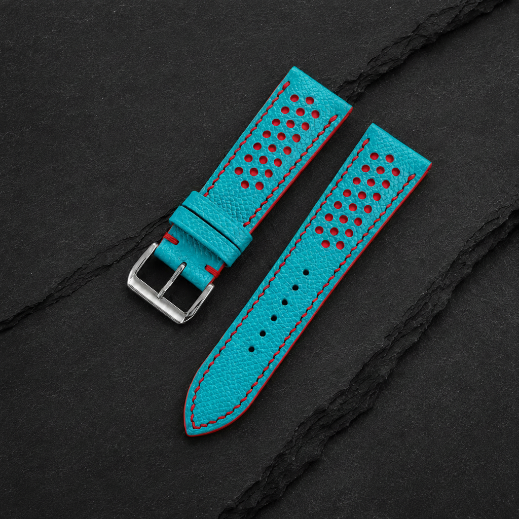 Turquoise And Red Small Racing Epsom Leather Watch Strap - Handmade