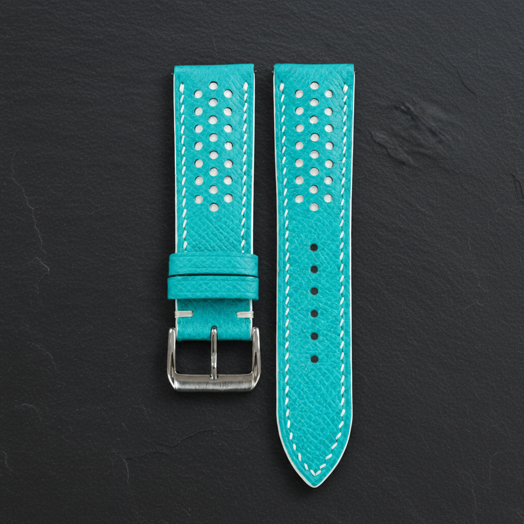 Turquoise And White Small Racing Epsom Leather Watch Strap - Handmade