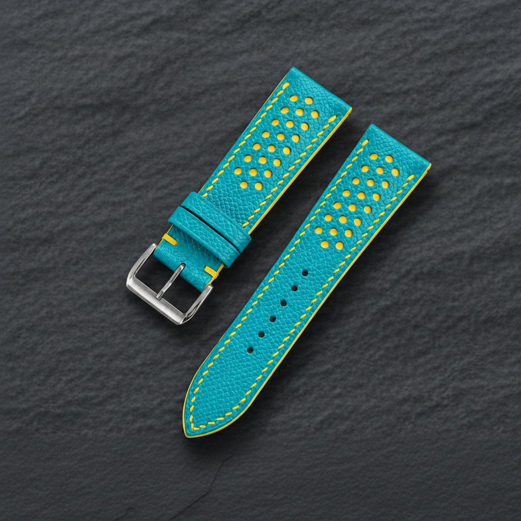 Turquoise And Yellow Small Racing Epsom Leather Watch Strap - Handmade