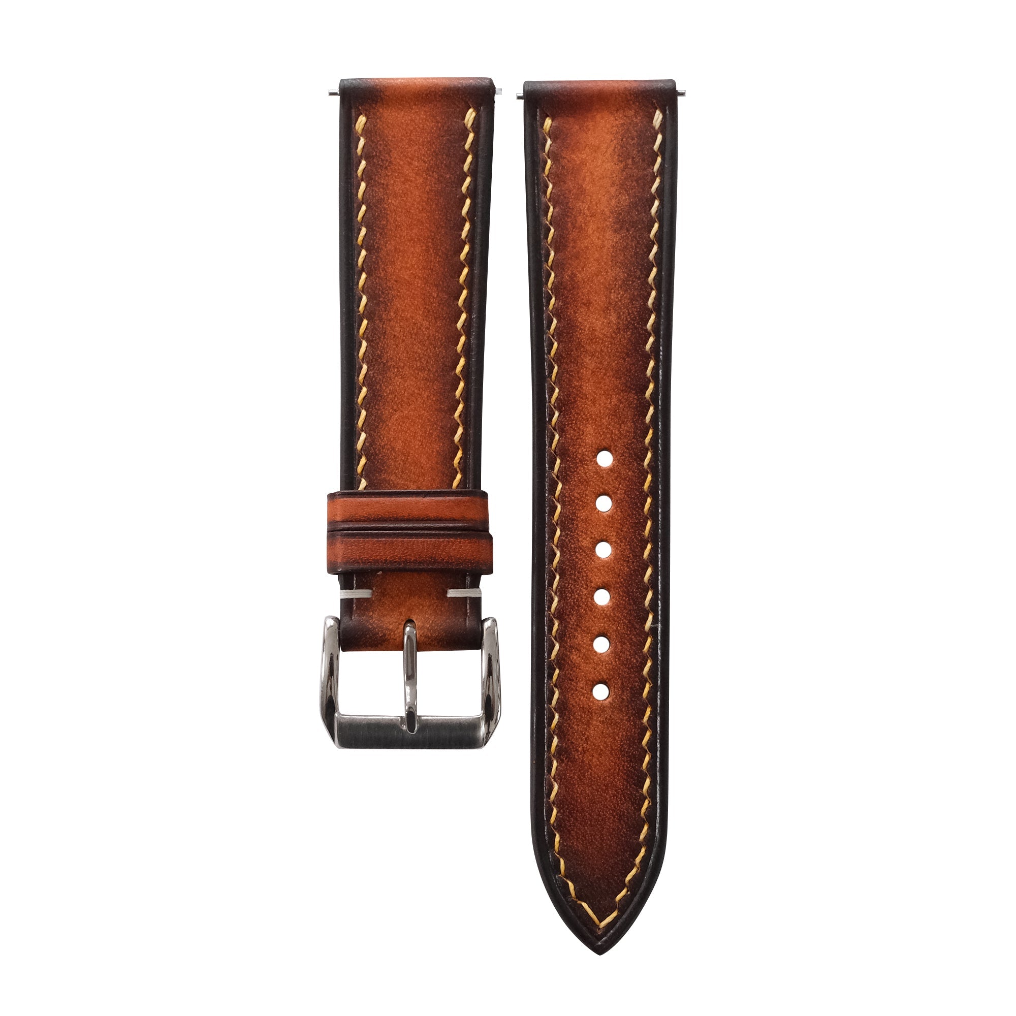 Burnished Cognac Brown Patina Leather Watch Strap - Handmade Quick Release Band