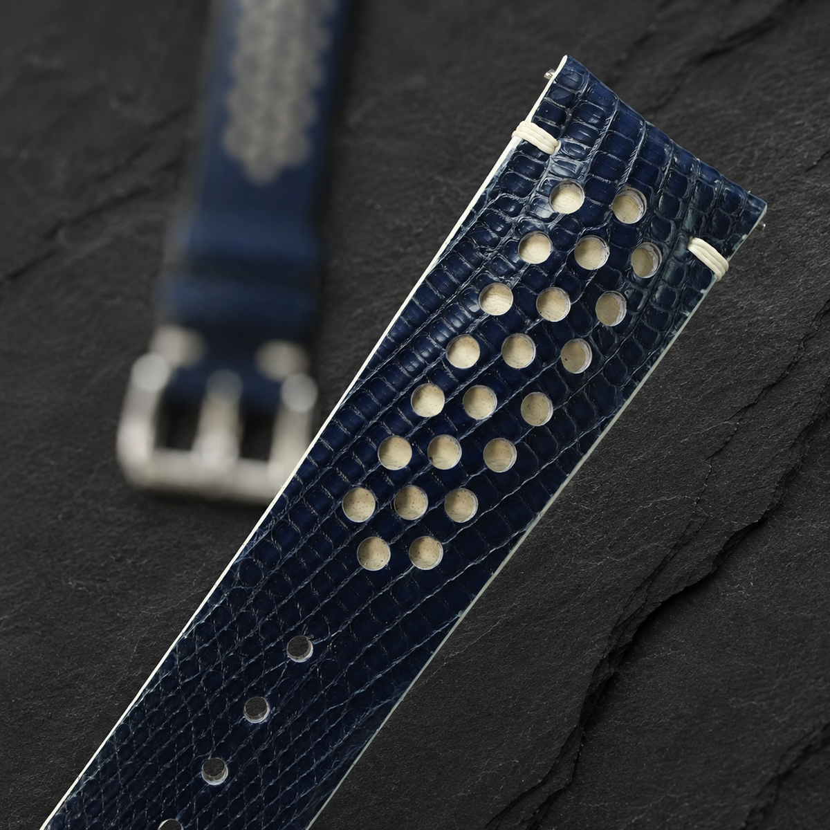 Navy And Cream Racing Lizard Leather Watch Strap - Handmade