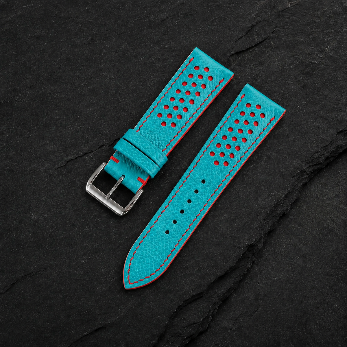 Turquoise And Red Small Racing Epsom Leather Watch Strap - Handmade