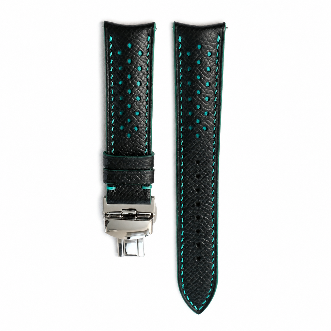 Curved End Black Turquoise Racing Epsom Leather Watch Strap - Handmade