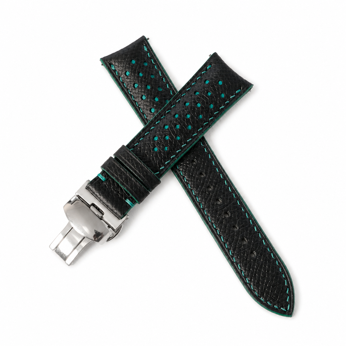 Curved End Black Turquoise Racing Epsom Leather Watch Strap - Handmade