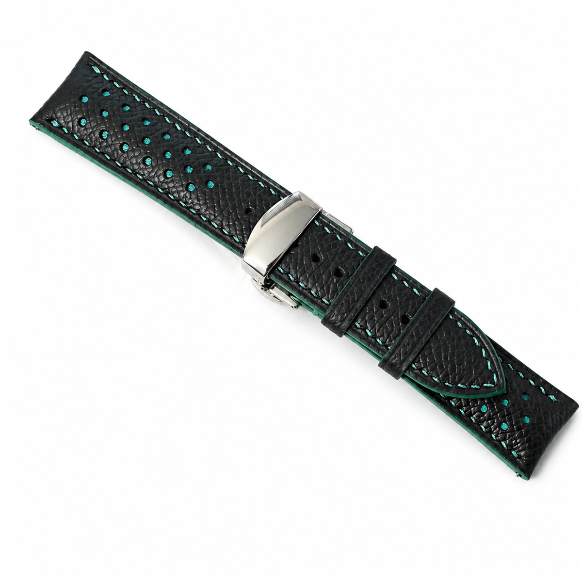 Curved End Black Turquoise Racing Epsom Leather Watch Strap - Handmade