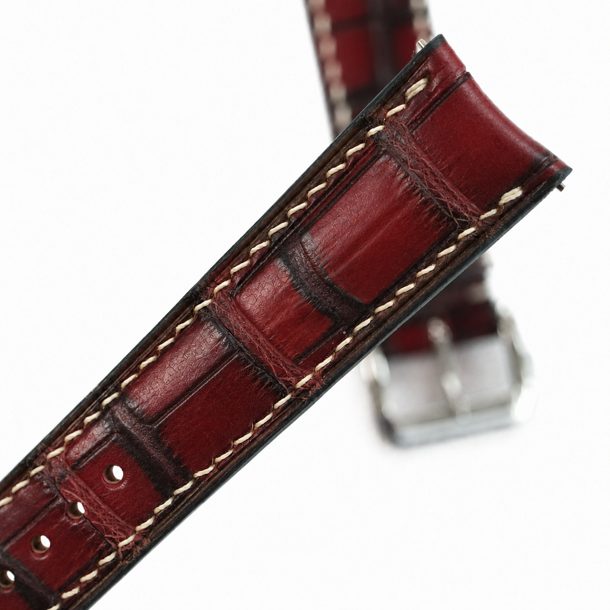 Curved End Burgundy Oxblood Alligator Leather Watch Strap - Handmade