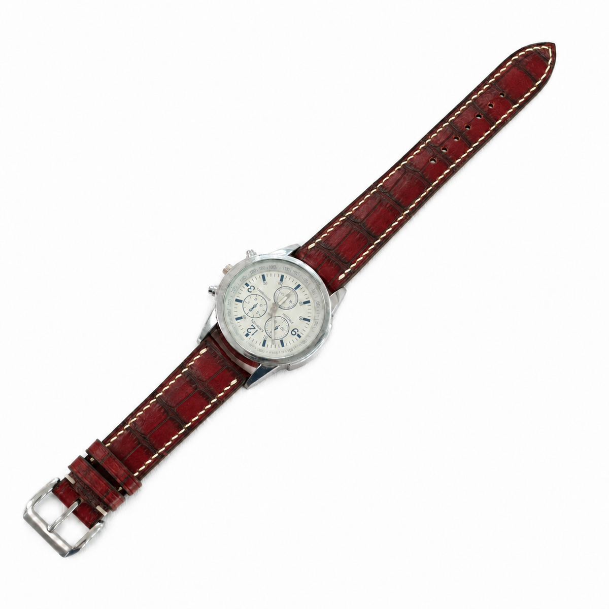 Curved End Burgundy Oxblood Alligator Leather Watch Strap - Handmade