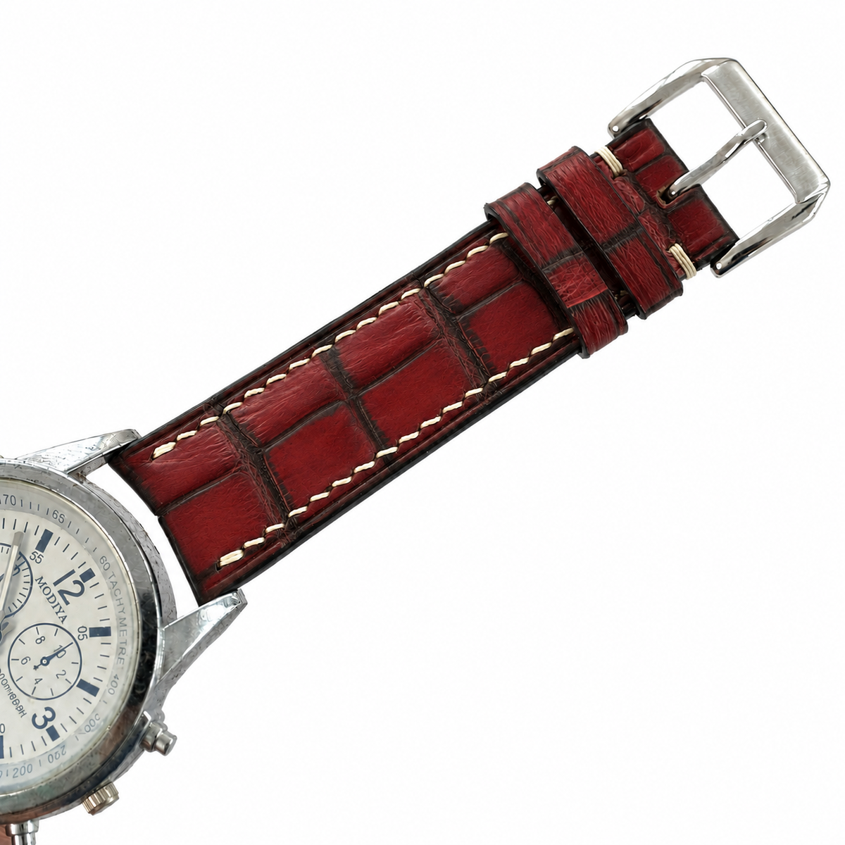 Curved End Burgundy Oxblood Alligator Leather Watch Strap - Handmade