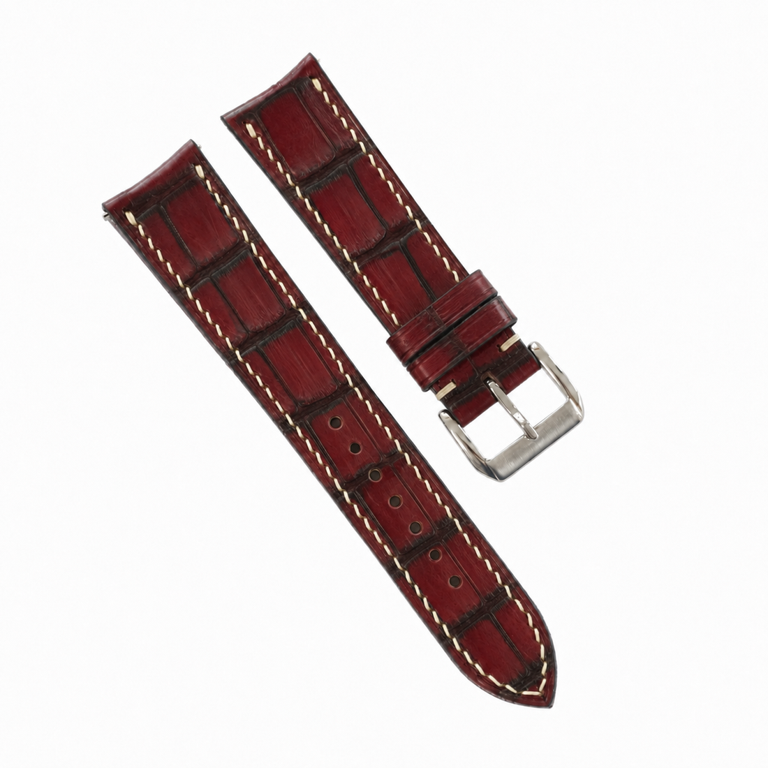 Curved End Burgundy Oxblood Alligator Leather Watch Strap - Handmade