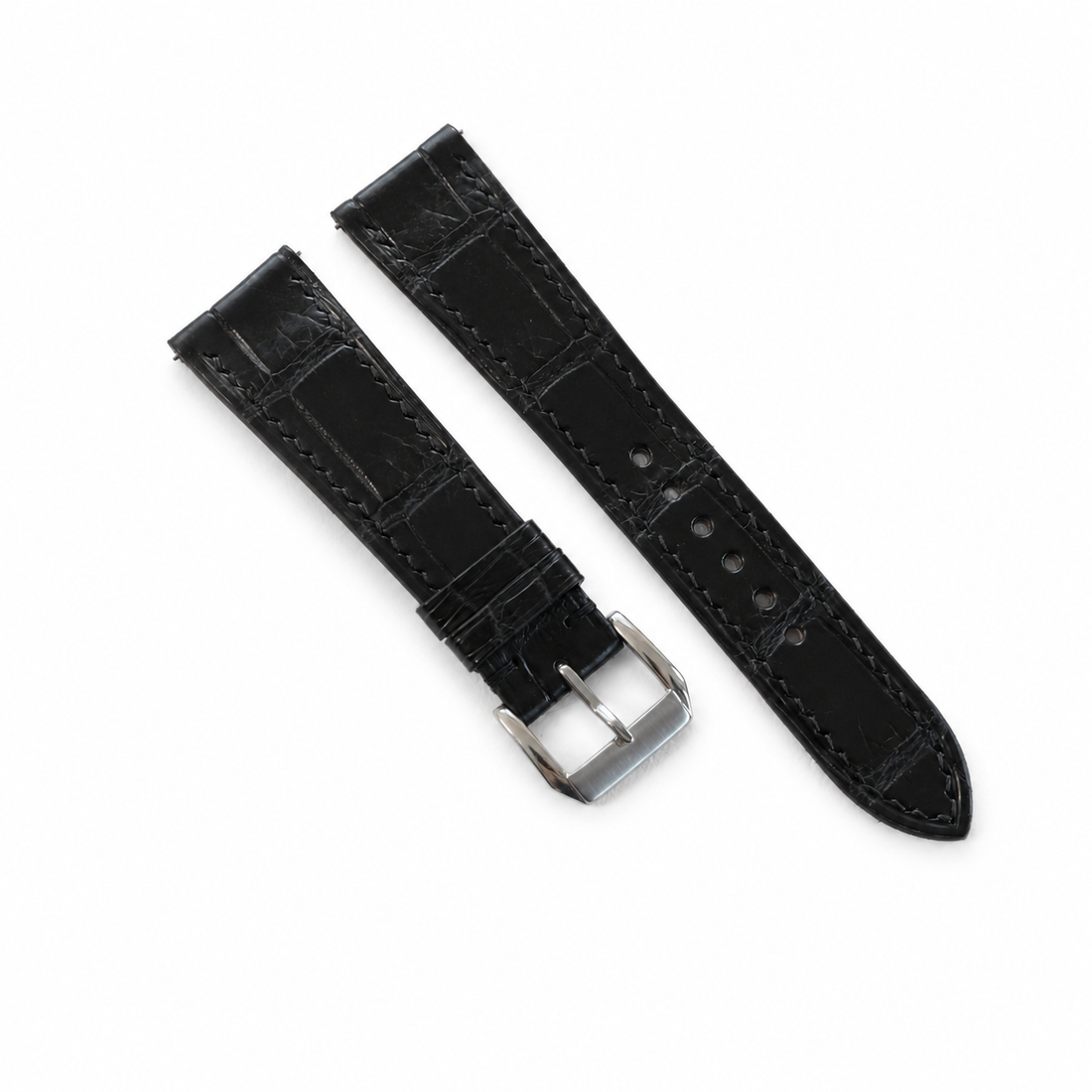 Curved End Black Alligator Leather Watch Strap - Handmade