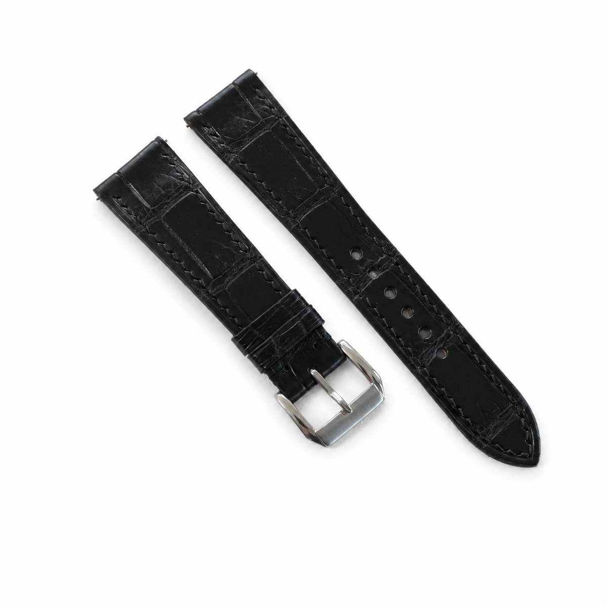 Curved End Black Alligator Leather Watch Strap - Handmade