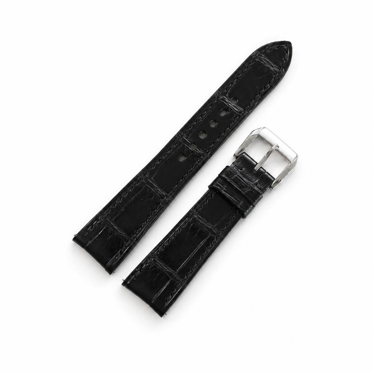 Curved End Black Alligator Leather Watch Strap - Handmade