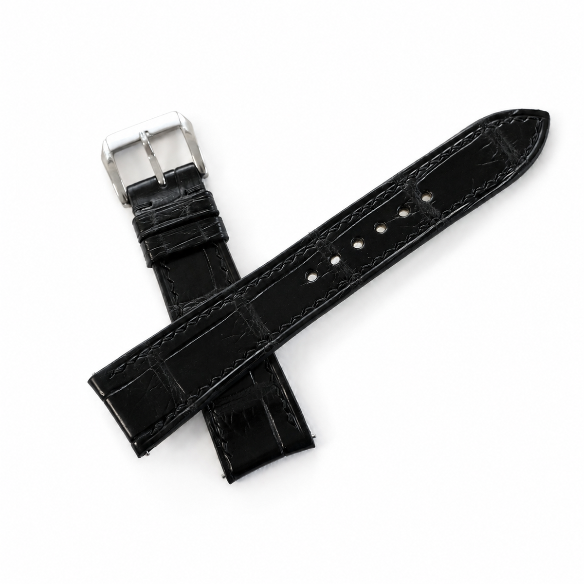 Curved End Black Alligator Leather Watch Strap - Handmade