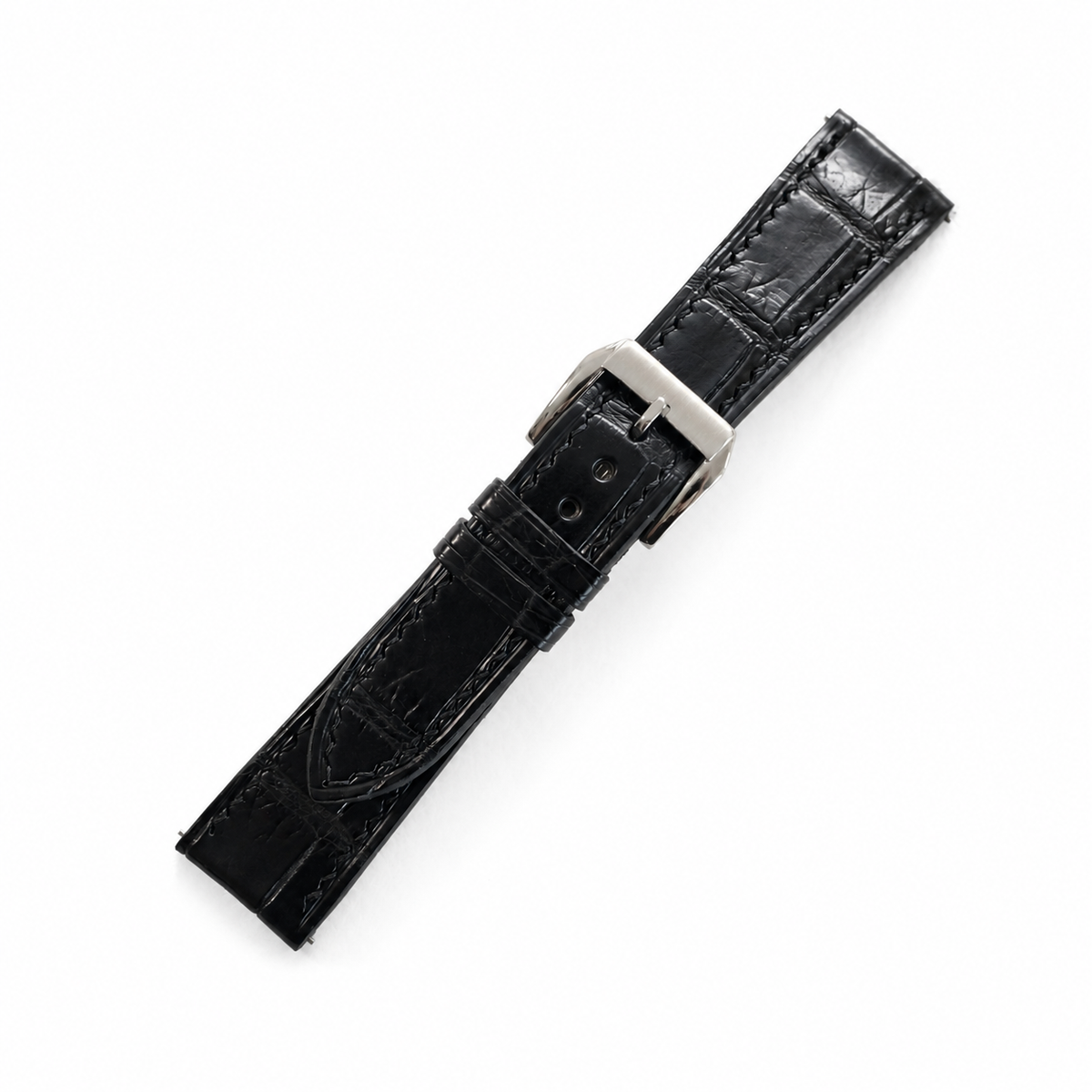 Curved End Black Alligator Leather Watch Strap - Handmade