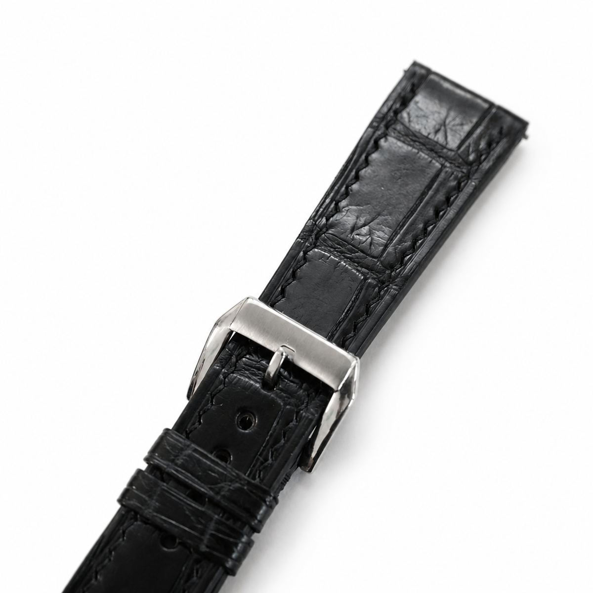 Curved End Black Alligator Leather Watch Strap - Handmade