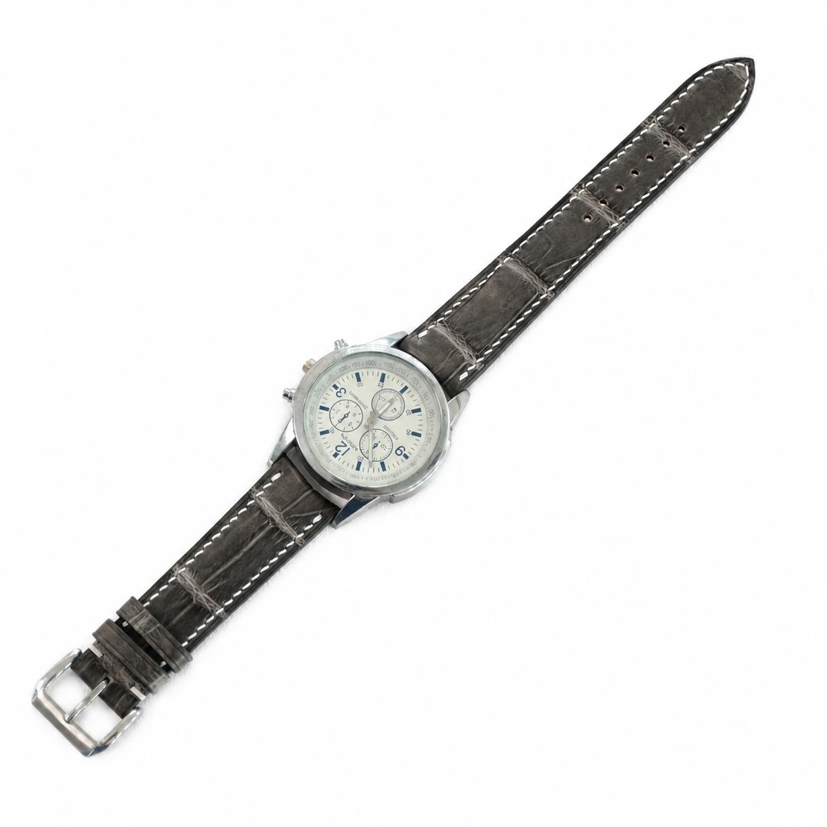 Curved End Gray Alligator Leather Watch Strap - Handmade