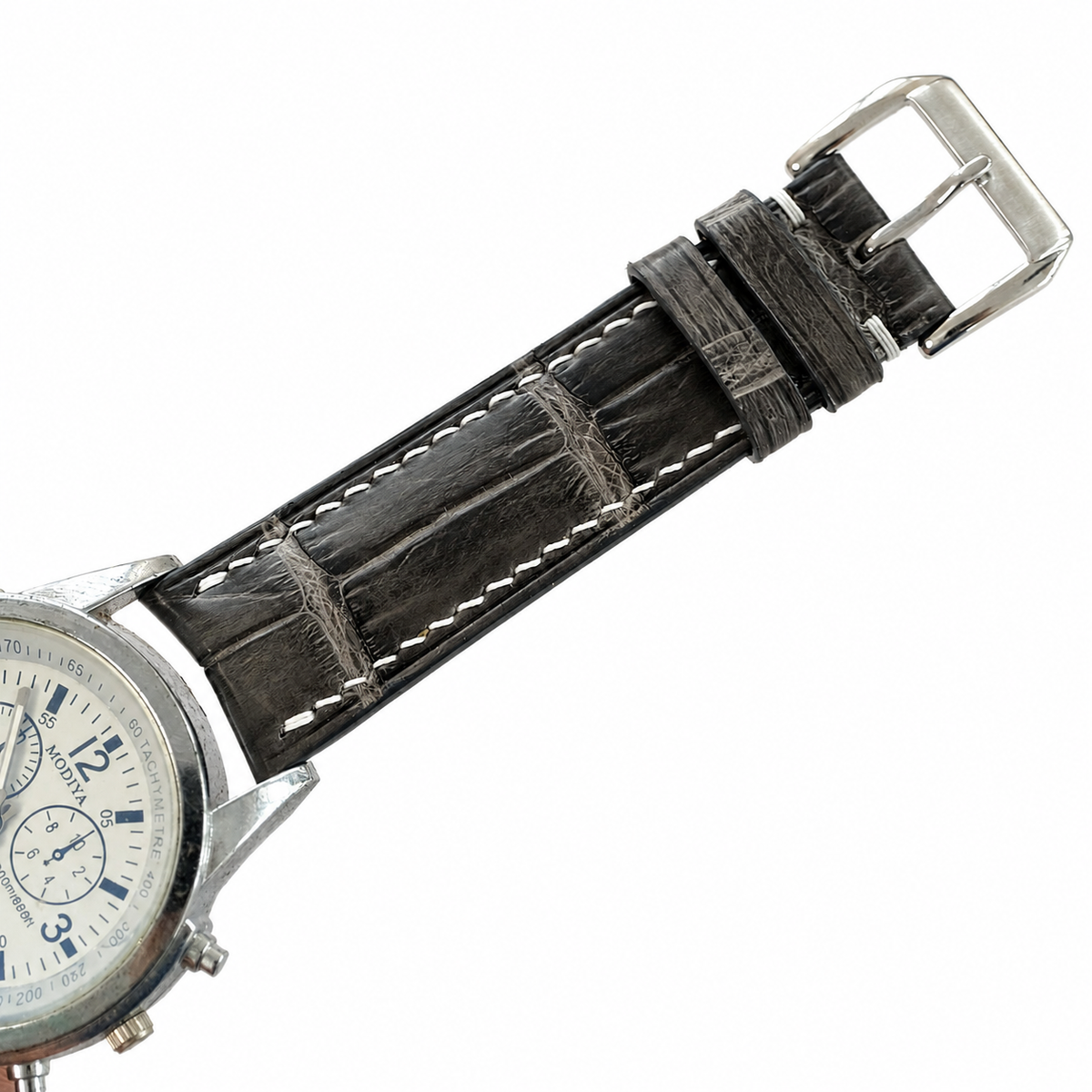 Curved End Gray Alligator Leather Watch Strap - Handmade