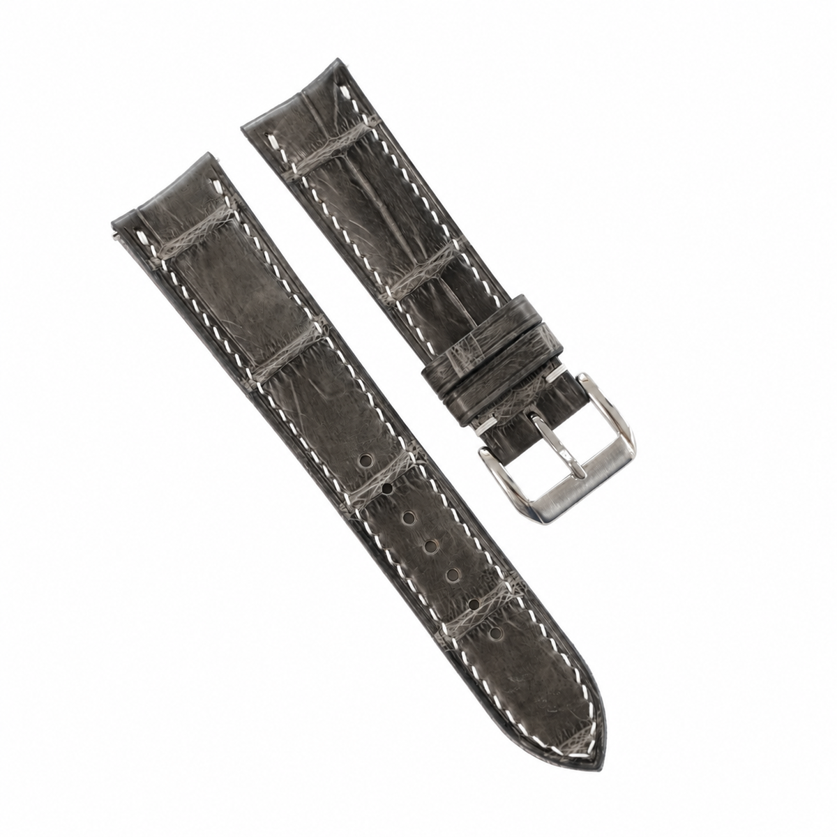 Curved End Gray Alligator Leather Watch Strap - Handmade