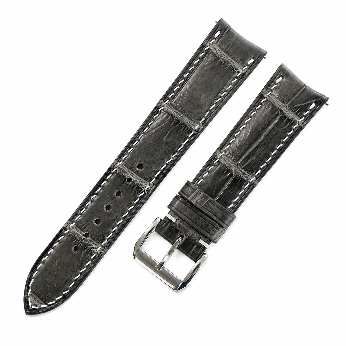 Curved End Gray Alligator Leather Watch Strap - Handmade