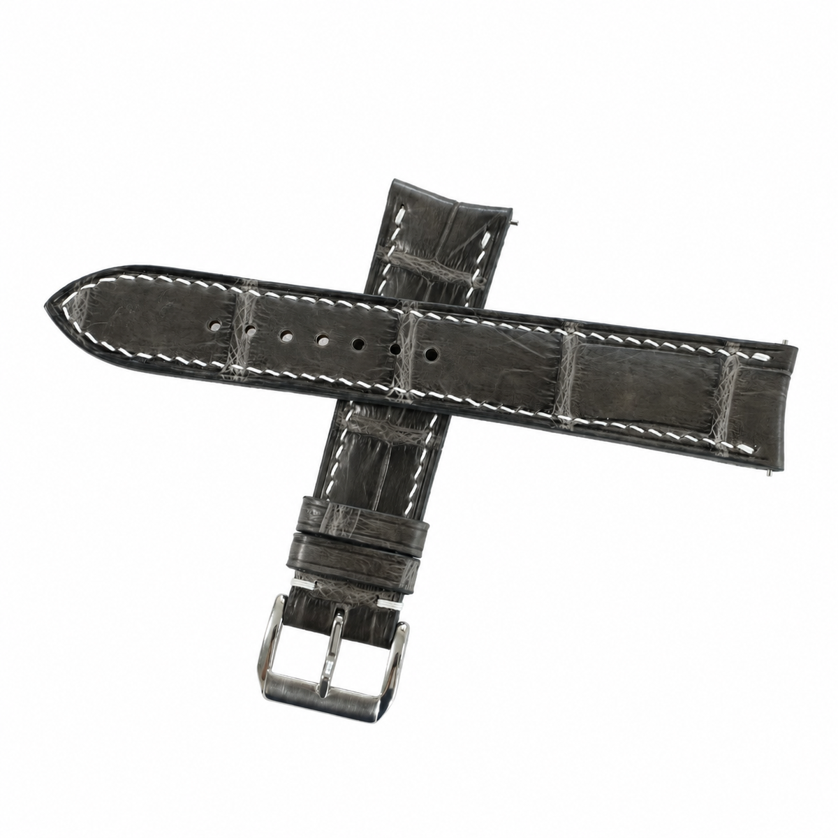Curved End Gray Alligator Leather Watch Strap - Handmade