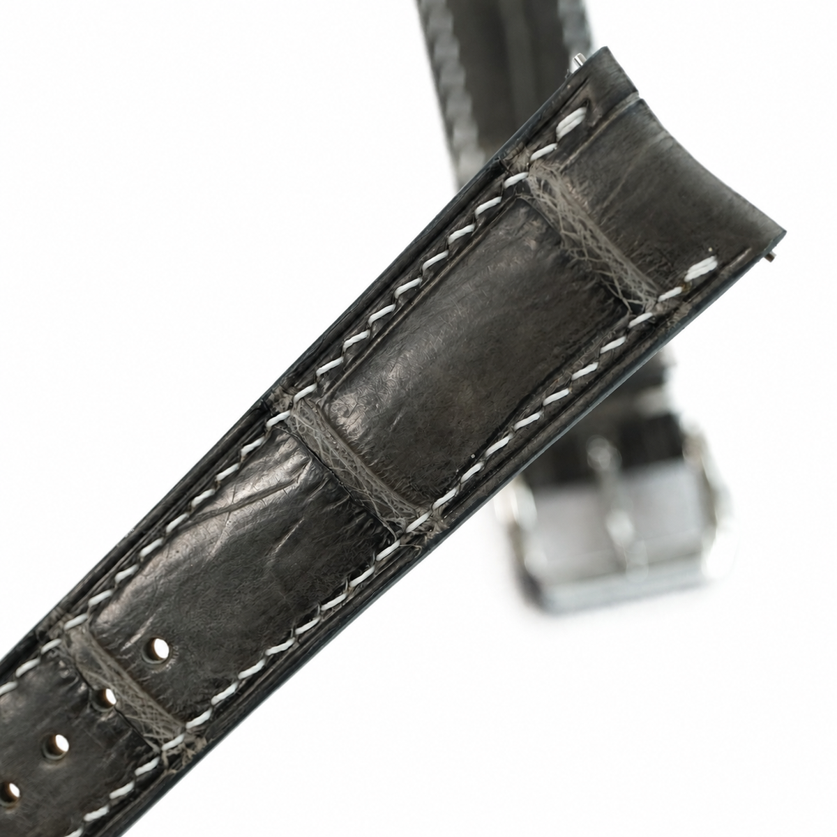 Curved End Gray Alligator Leather Watch Strap - Handmade