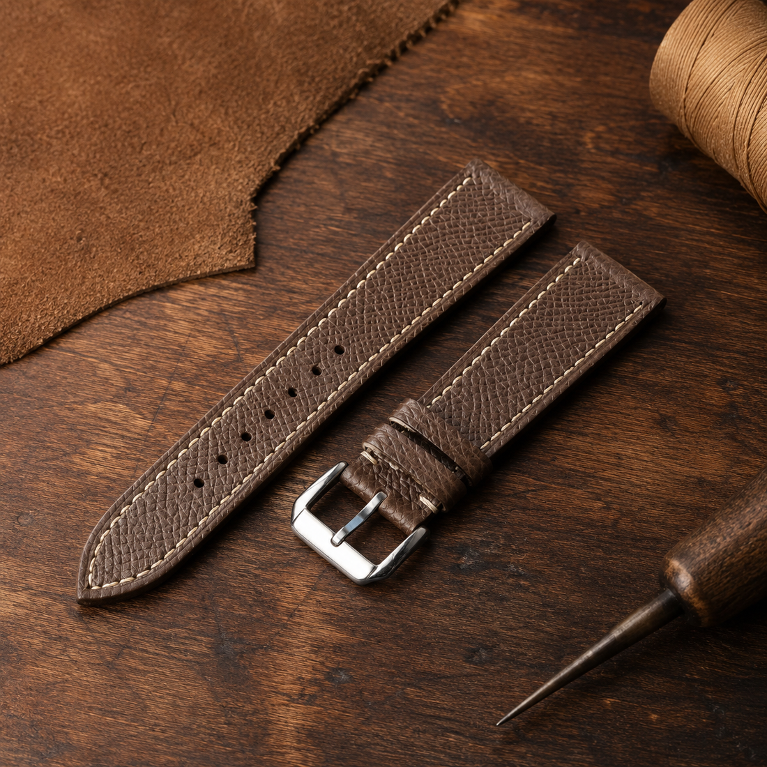 Dark Brown Epsom Leather Watch Strap - Handmade Quick Release Band