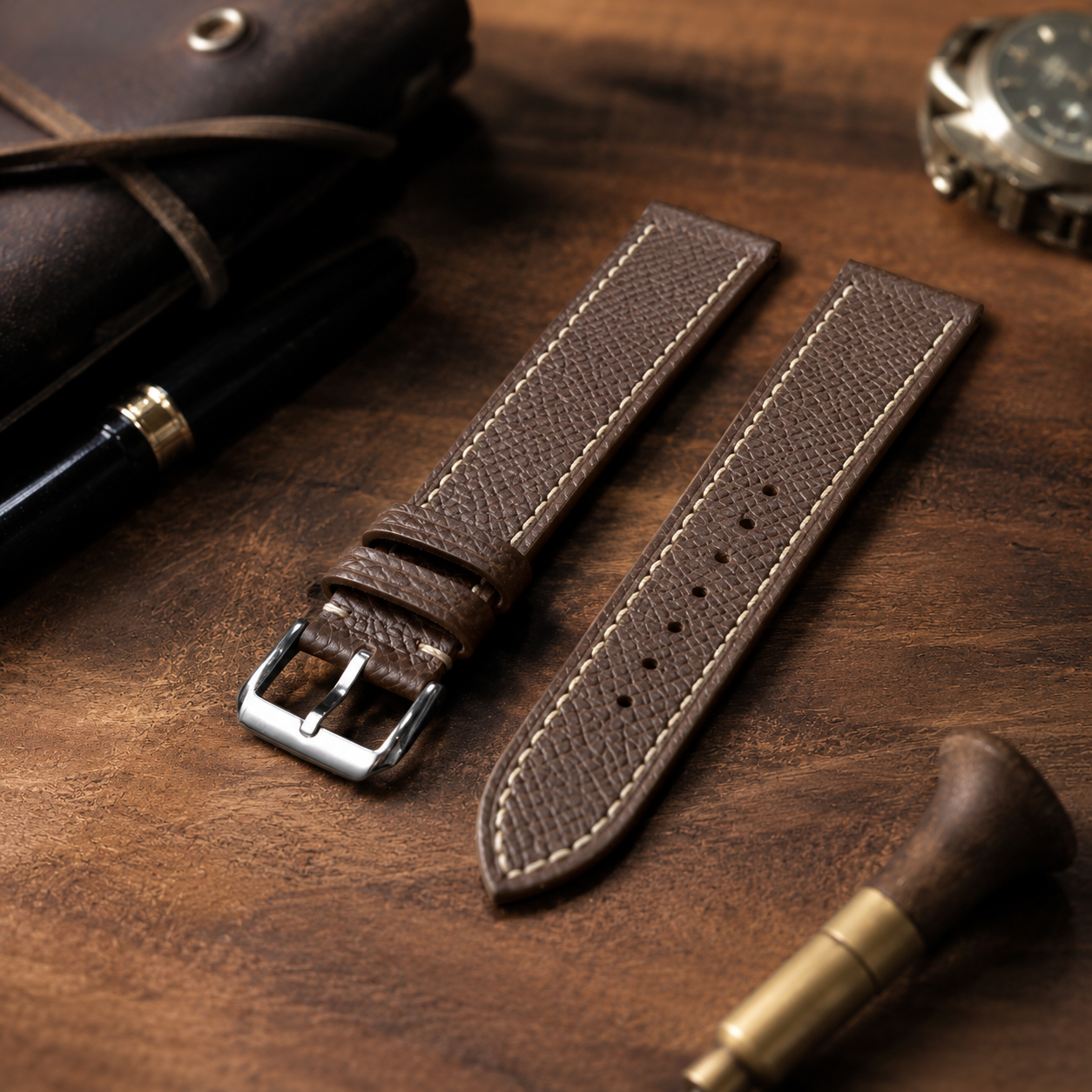 Dark Brown Epsom Leather Watch Strap - Handmade Quick Release Band
