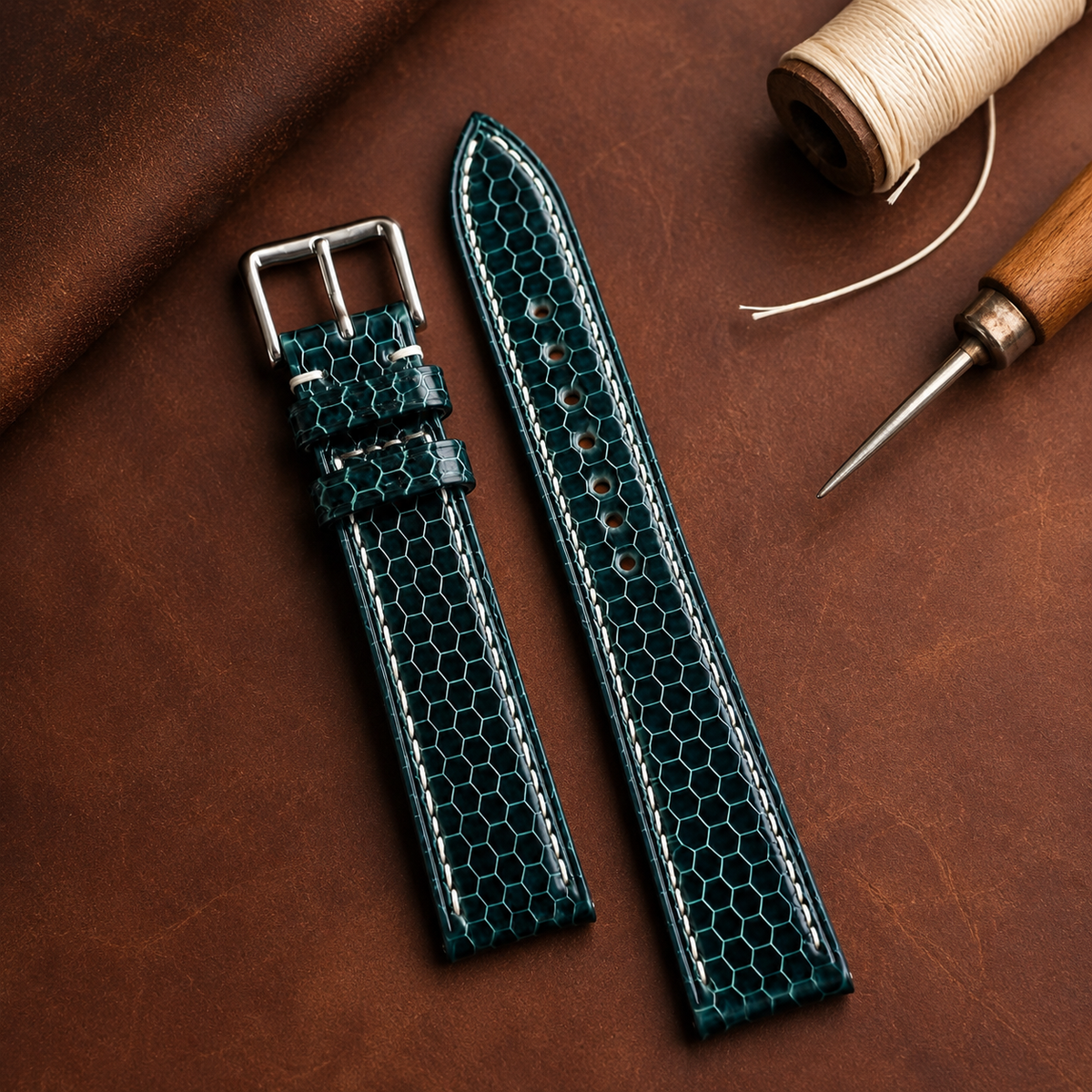 Dark Teal Green Sea Snake Leather Watch Strap - Handmade