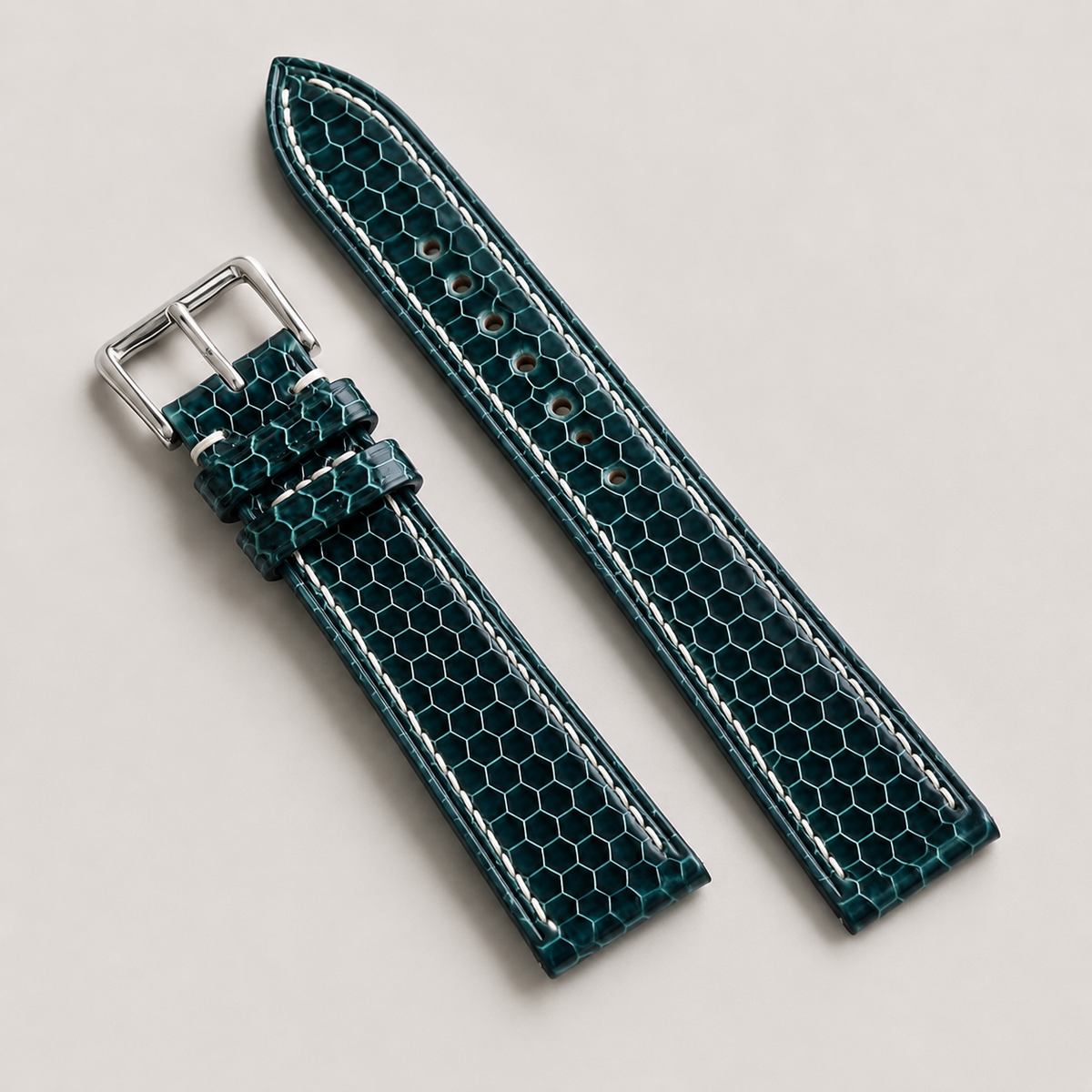 Dark Teal Green Sea Snake Leather Watch Strap - Handmade