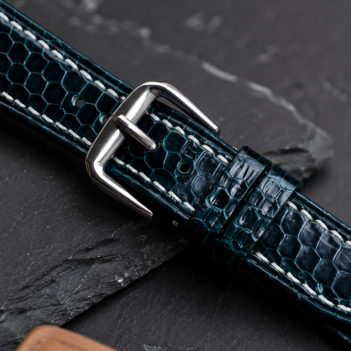 Dark Teal Green Sea Snake Leather Watch Strap - Handmade