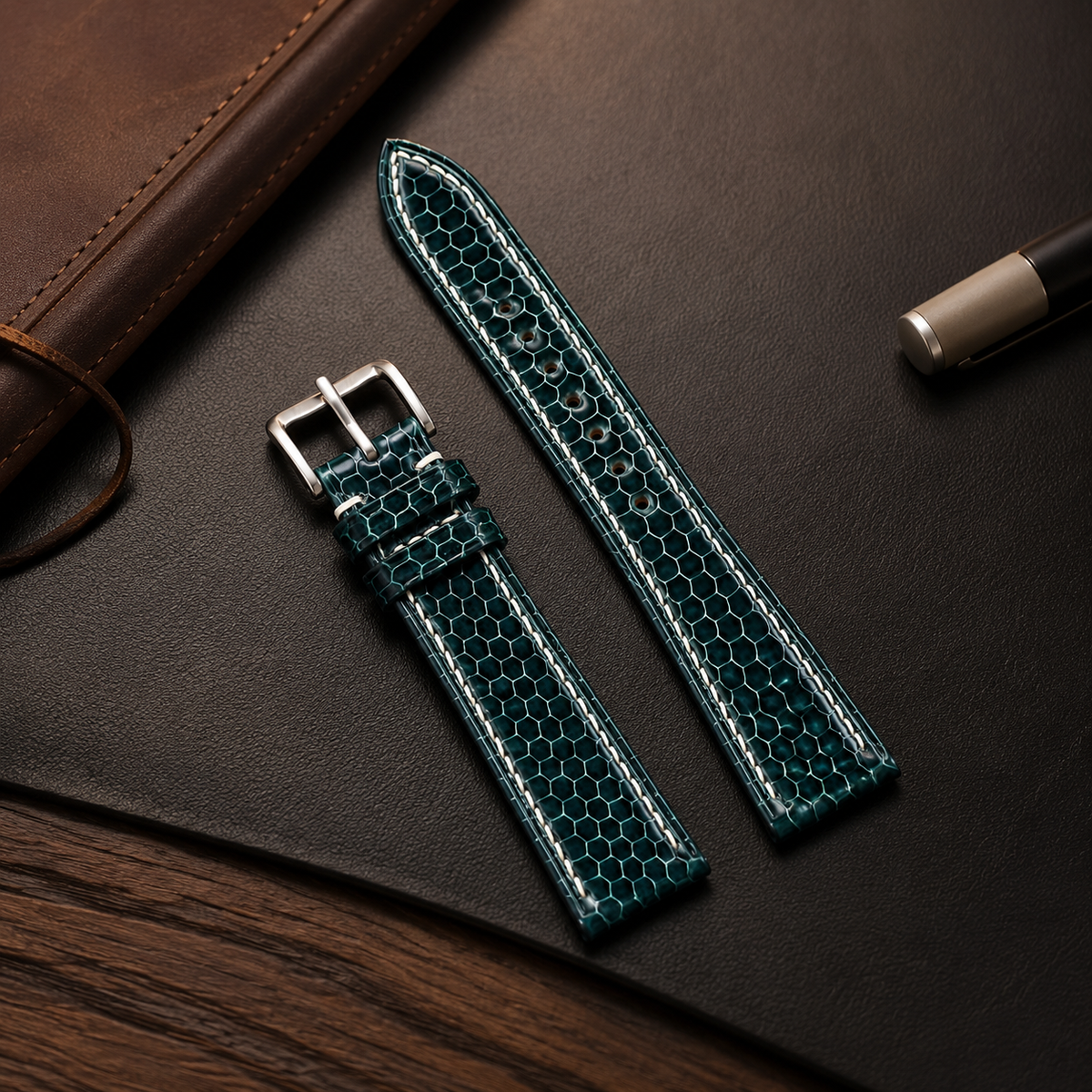 Dark Teal Green Sea Snake Leather Watch Strap - Handmade
