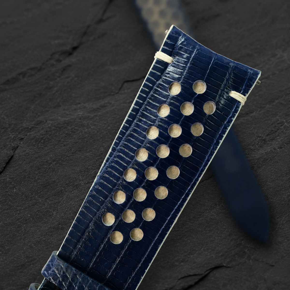 Navy And Cream Racing Lizard Leather Watch Strap - Handmade