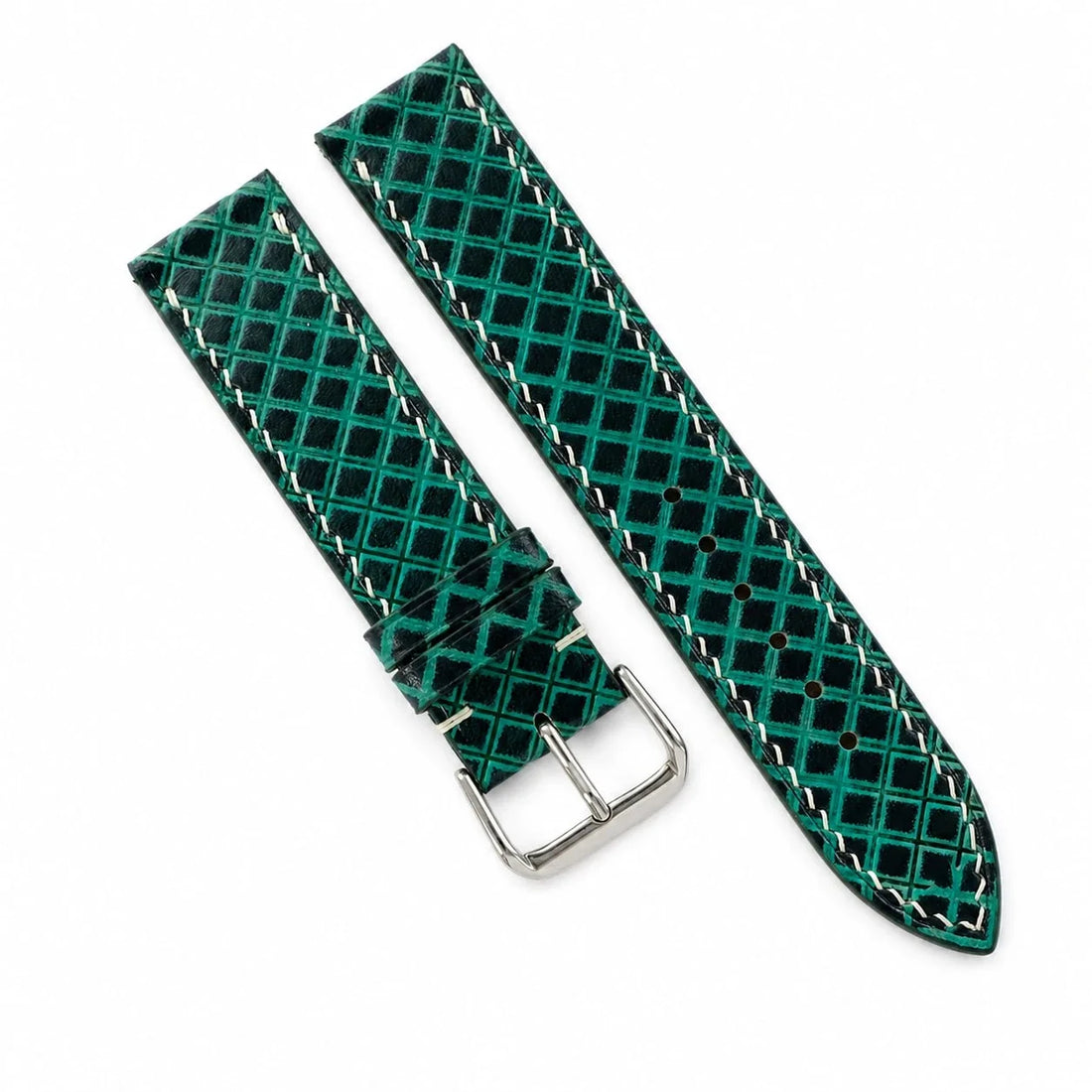 Hand Tooled Emerald Green Lattice Patina Leather Watch Strap - Handmade